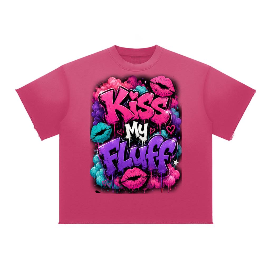 Sun Fade Raw Edge T-Shirt w/ Custom FGN Graphic Design Kiss My Fluff Front & FGN Logo Back