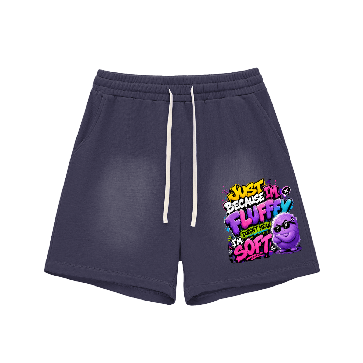 Sun Fade Raw Edge Cotton Shorts w/ Custom FGN Graphic Design-Just Because I'm Fluffy Front
