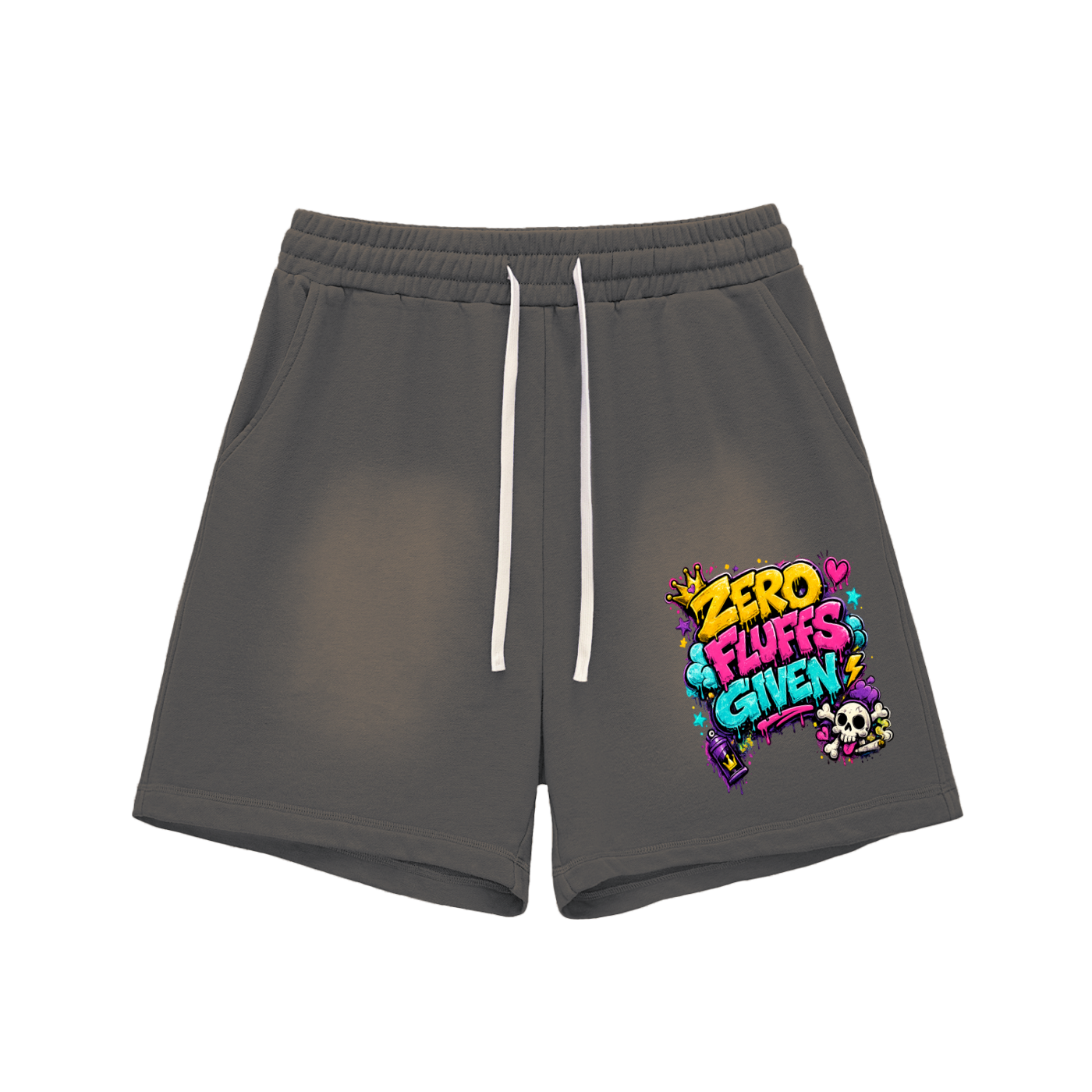 Sun Fade Raw Edge Cotton Shorts w/ Custom Zero Fluffs Given Graphic Design Front