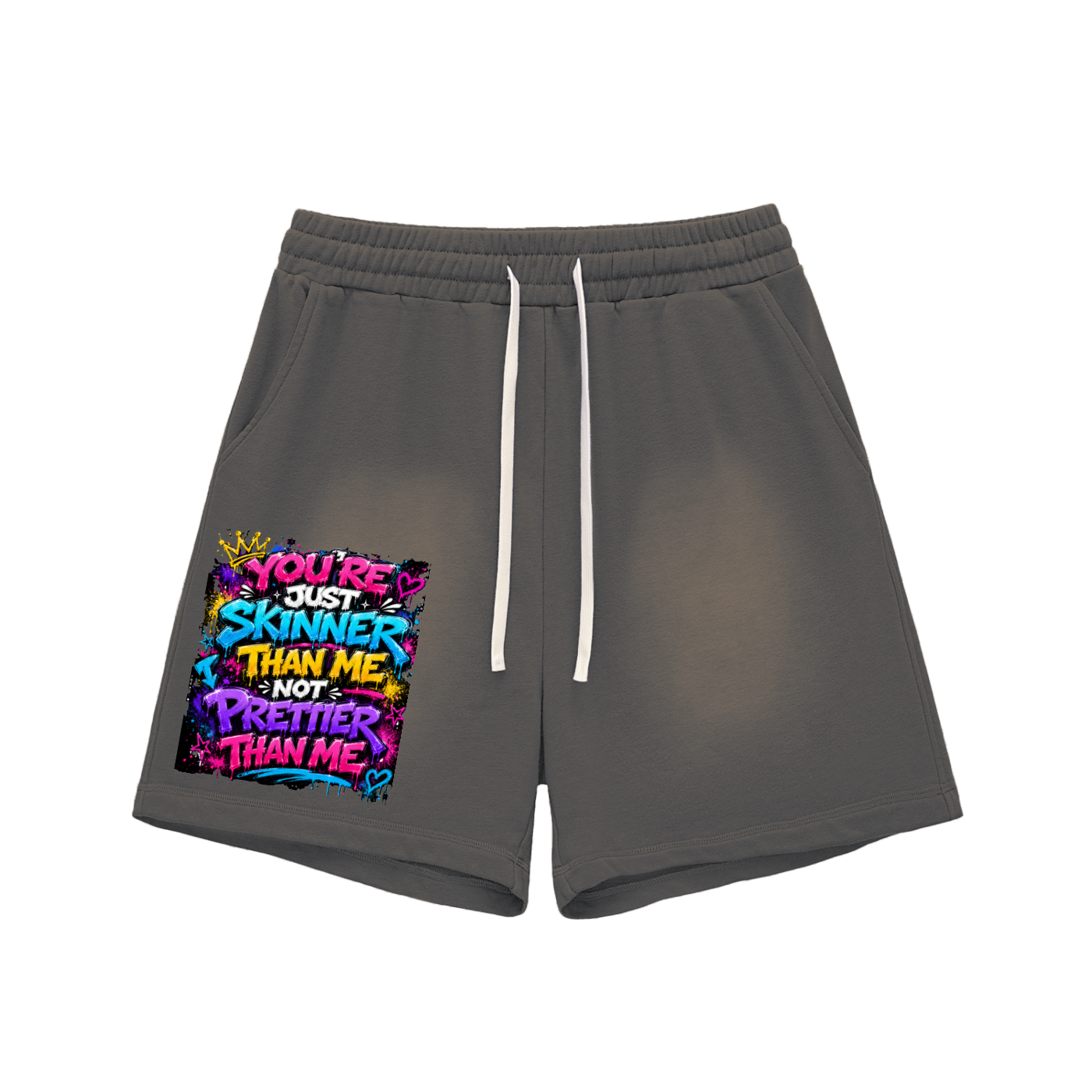 Sun Fade Raw Edge Cotton Shorts w/ Custom Graphic Design -You're Skinnier Than Me_Front