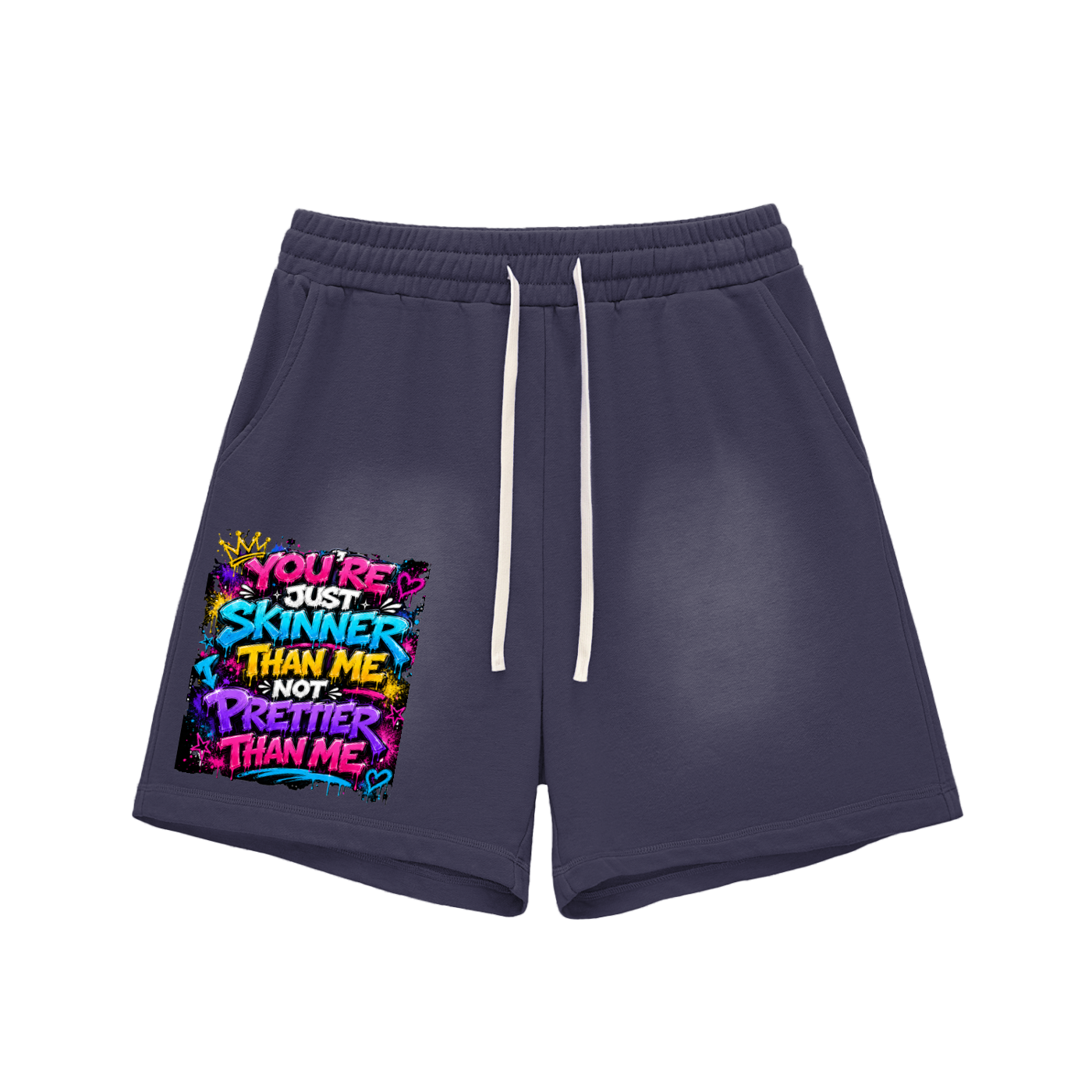 Sun Fade Raw Edge Cotton Shorts w/ Custom Graphic Design -You're Skinnier Than Me_Front