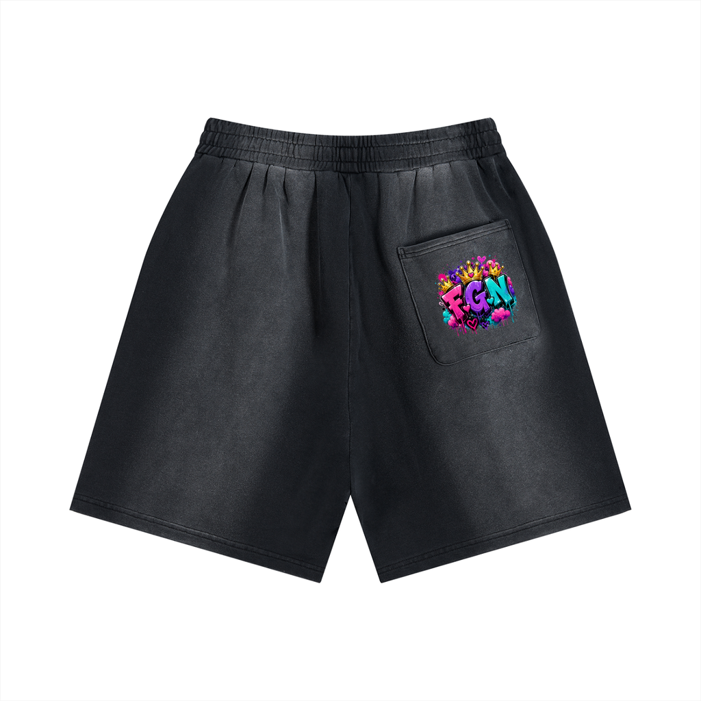 Sun Fade Distressed Shorts w/ Custom Graphic Design Zero Fluffs Given Front & FGN Logo Back