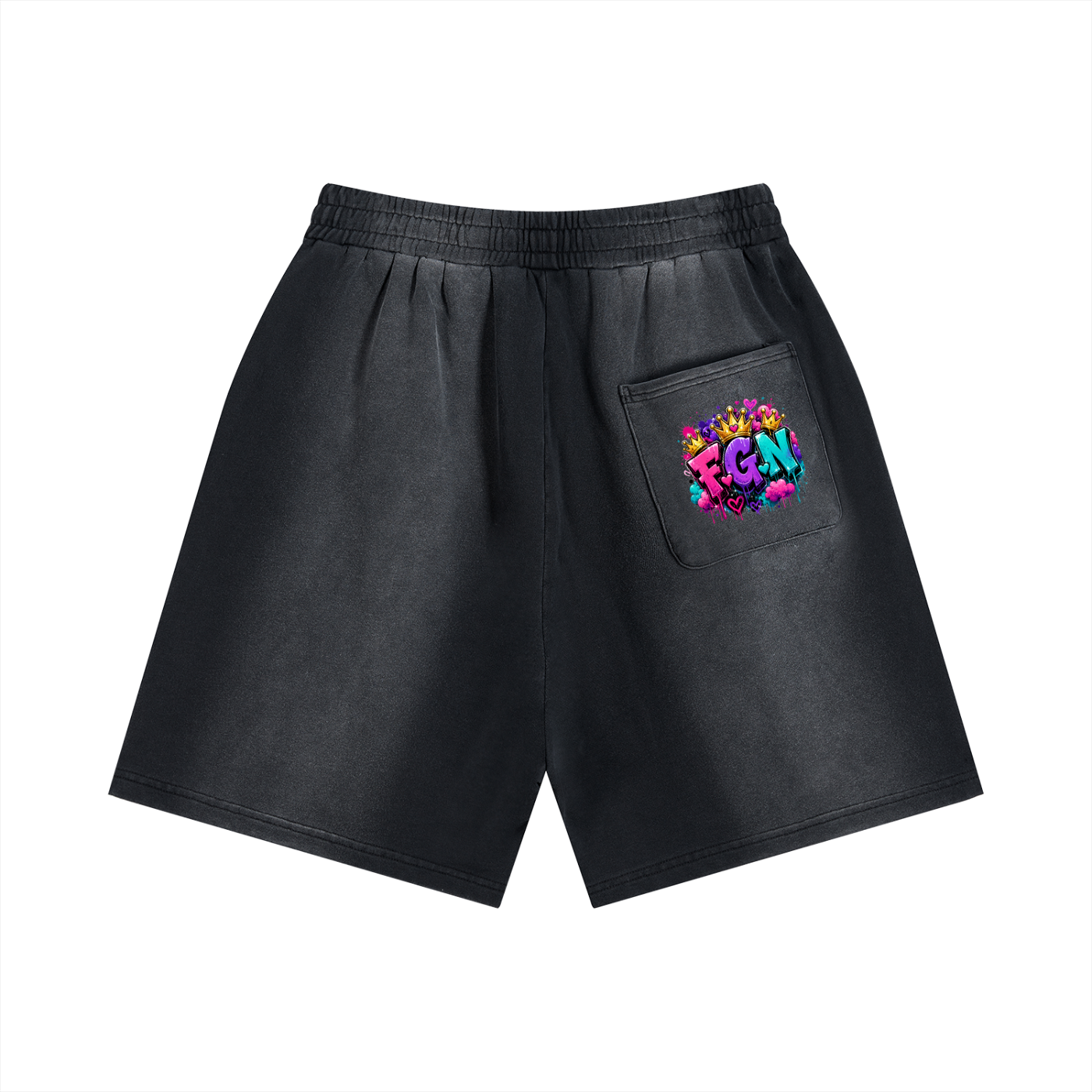 Sun Fade Distressed Shorts w/ Custom Graphic Design Zero Fluffs Given Front & FGN Logo Back