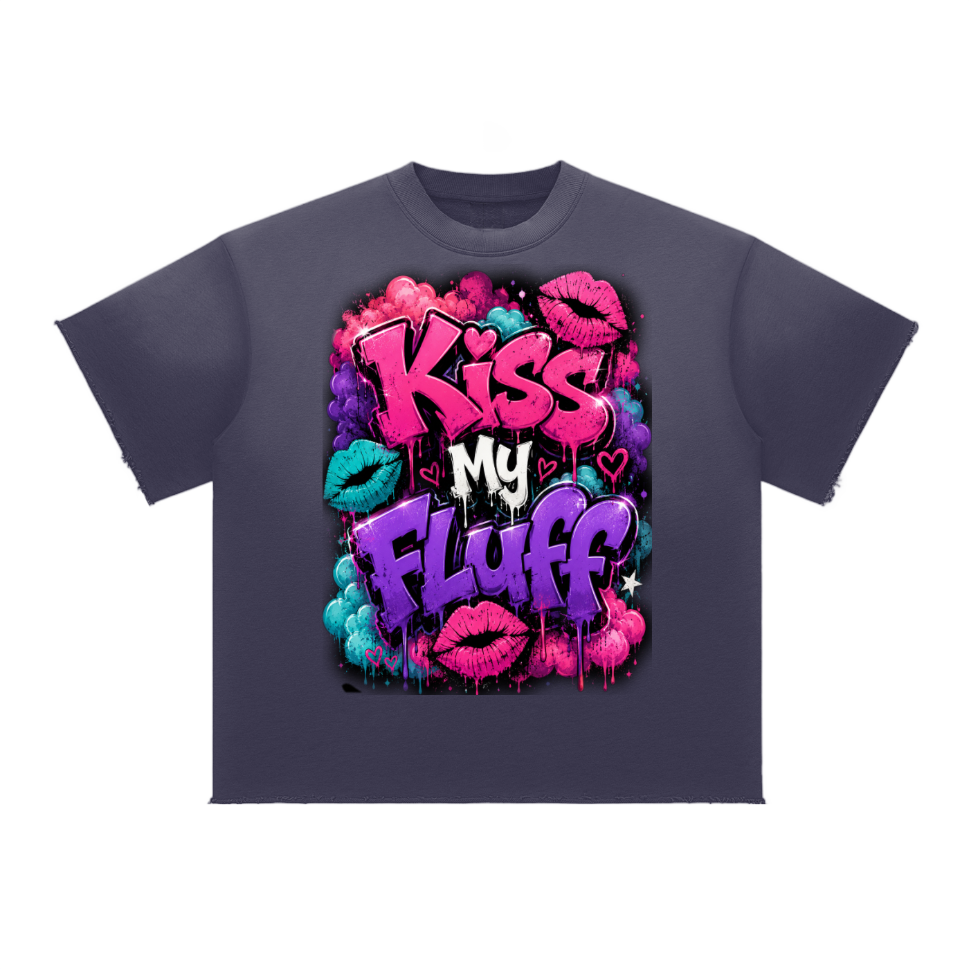Sun Fade Raw Edge T-Shirt w/ Custom FGN Graphic Design Kiss My Fluff Front & FGN Logo Back