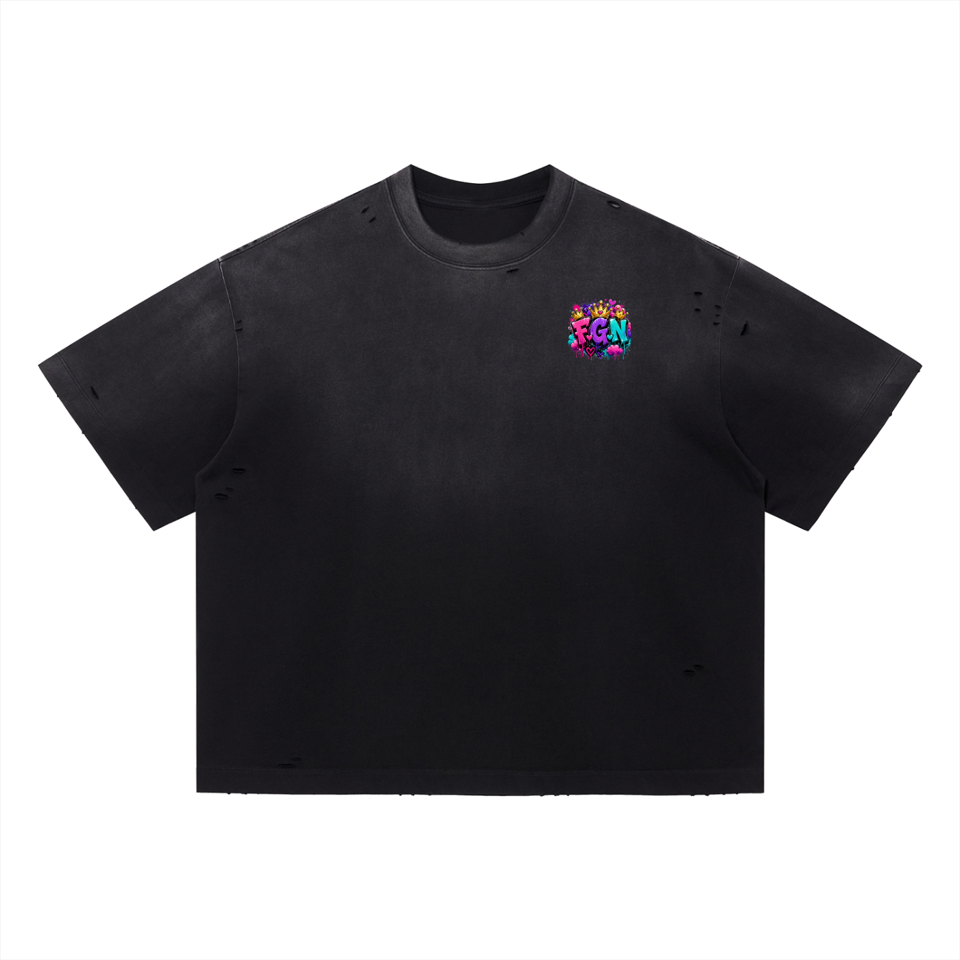 Vintage Washed Distressed Boxy Oversized T-Shirt w/ Custom FGN Logo Front & Graphic Design Zero Fluffs Given...Back
