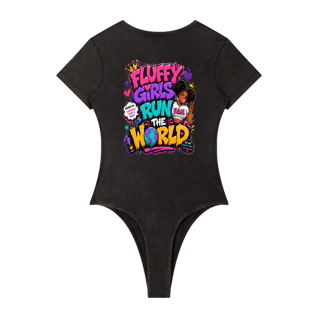 Women's Mineral Wash Crewneck Bodysuit w/ Custom FGN Logo Front & Fluffy Girls Rule The World Graphic Design Back