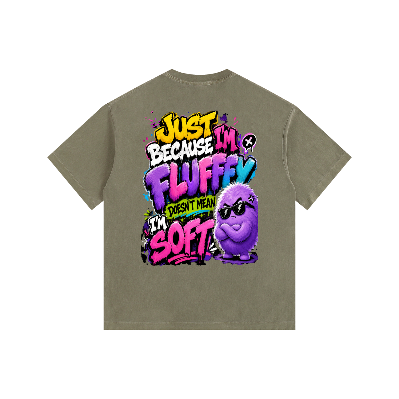 Vintage Washed Oversized Cotton T-Shirt w/ Custom Graphic Design_Just Because I'm Fluffy_Back & FGN Logo_Front