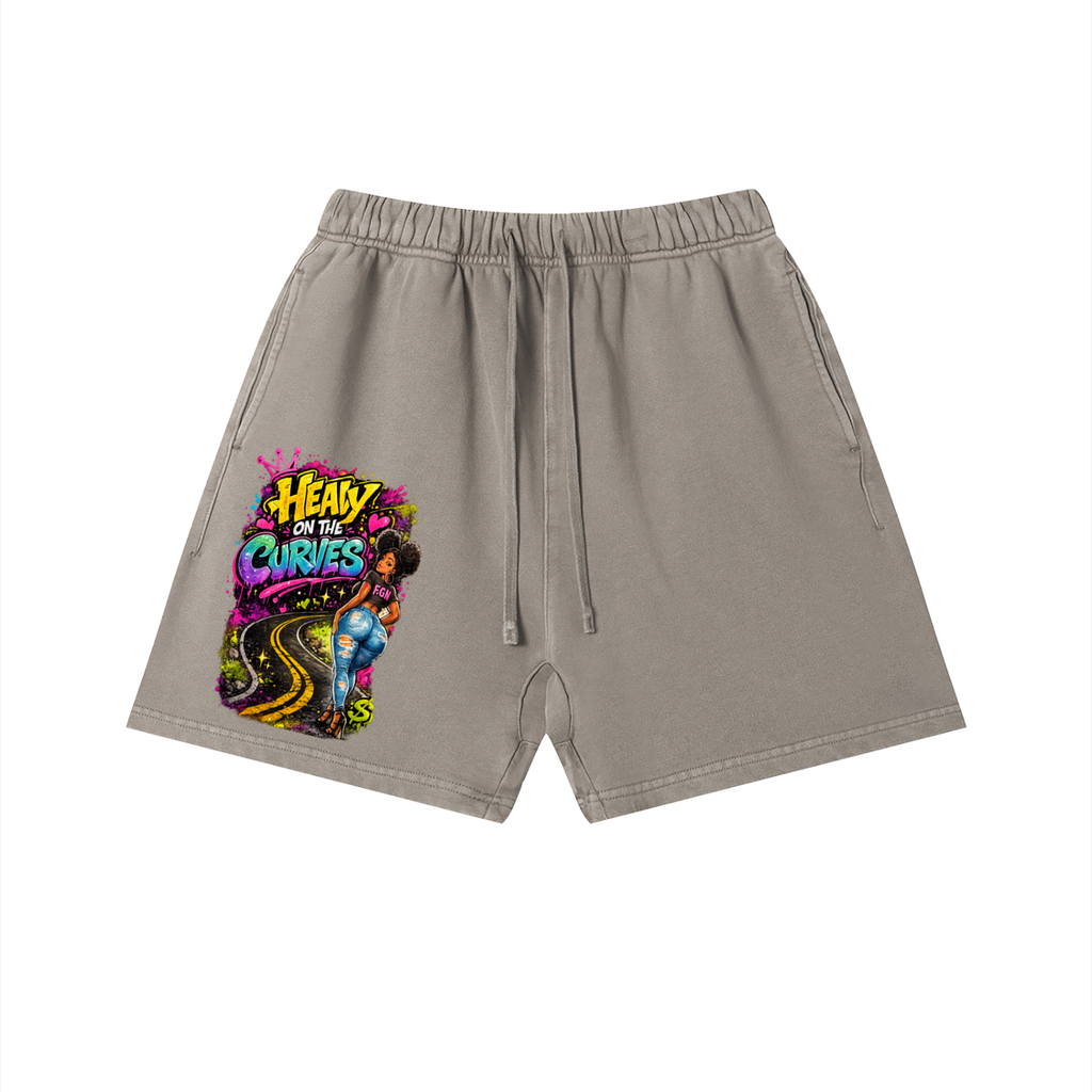 Unisex Vintage Wash Cotton Shorts w/ Custom Graphic Design_Heavy on the Curves_Front & FGN Logo_Back Pocket