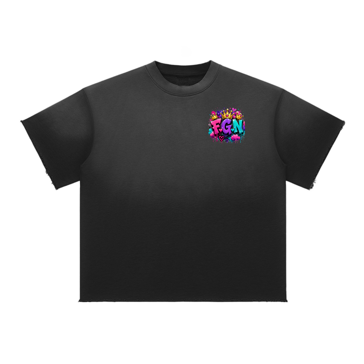 Sun Fade Raw Edge T-Shirt w/ Custom FGN Logo Front & Just Because I'm Fluffy Graphic Design Back