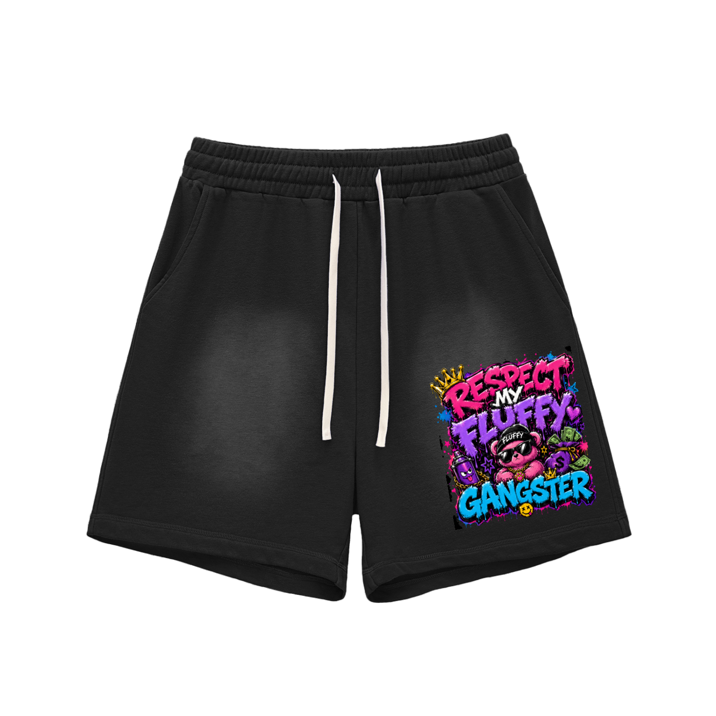 Sun Fade Raw Edge Cotton Shorts w/ Custom Graphic Design _Respect My Fluffy_Front