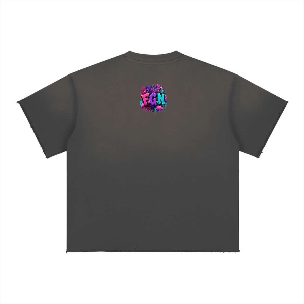 Sun Fade Raw Edge T-Shirt w/ Custom FGN Graphic Design Kiss My Fluff Front & FGN Logo Back