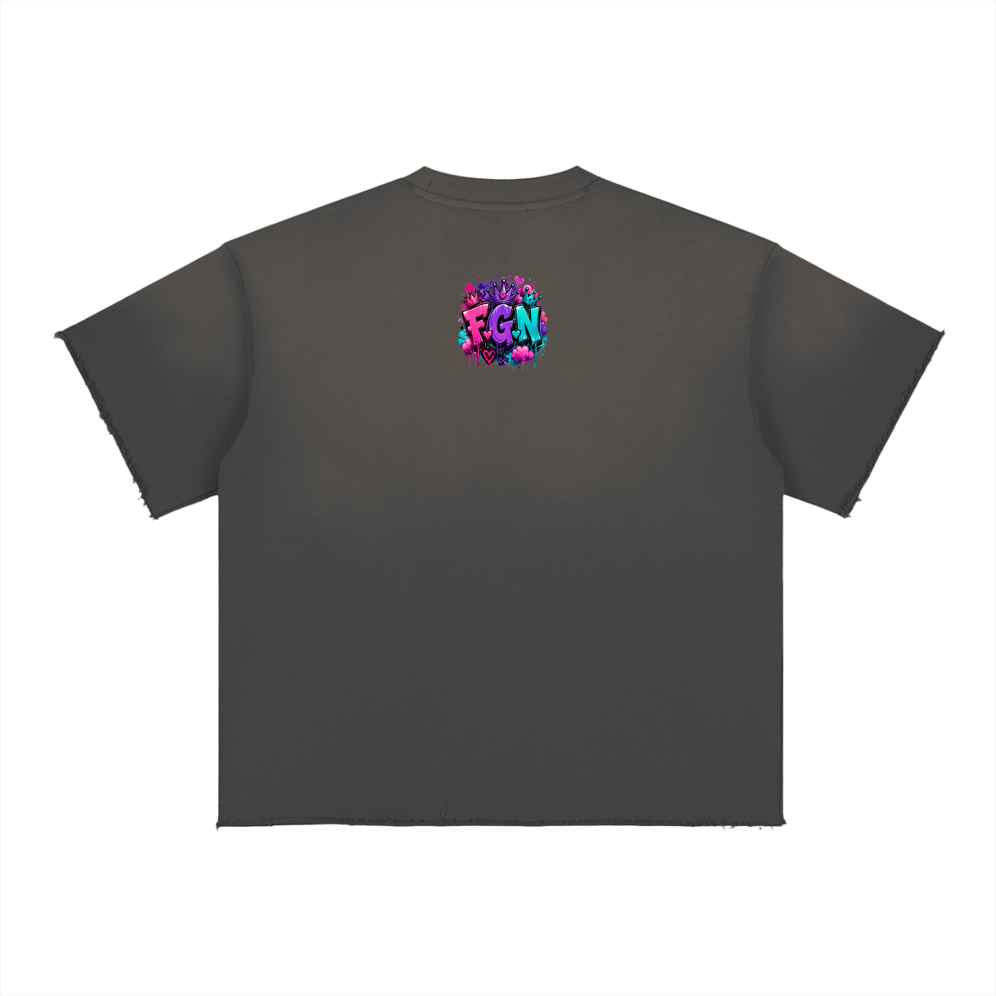 Sun Fade Raw Edge T-Shirt w/ Custom FGN Graphic Design Kiss My Fluff Front & FGN Logo Back