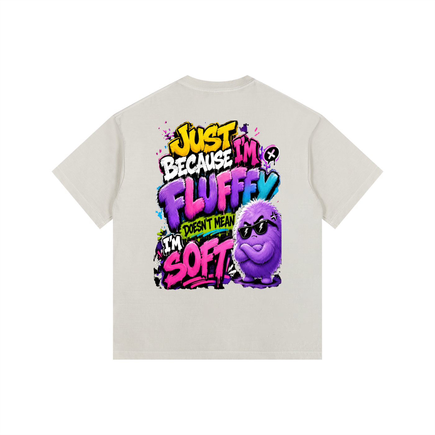 Vintage Washed Oversized Cotton T-Shirt w/ Custom Graphic Design_Just Because I'm Fluffy_Back & FGN Logo_Front