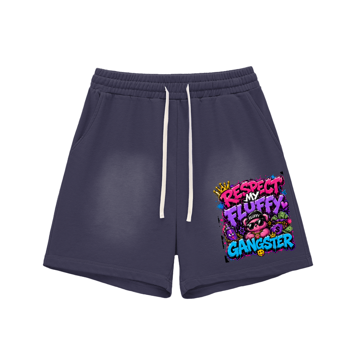 Sun Fade Raw Edge Cotton Shorts w/ Custom Graphic Design _Respect My Fluffy_Front