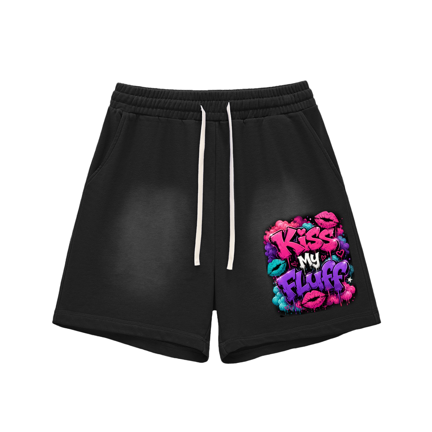 Sun Fade Raw Edge Cotton Shorts w/Custom FGN Kiss My Fluff Graphic Design Front