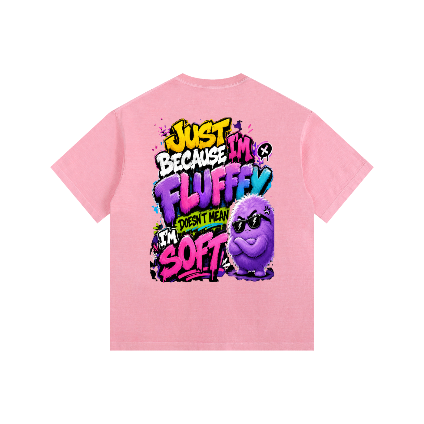 Vintage Washed Oversized Cotton T-Shirt w/ Custom Graphic Design_Just Because I'm Fluffy_Back & FGN Logo_Front