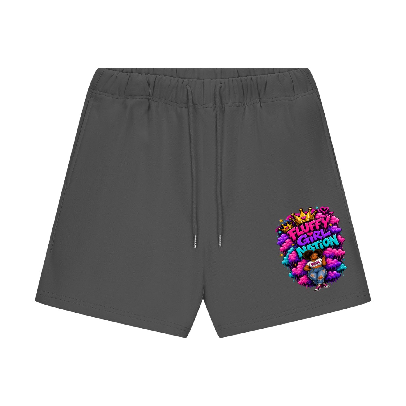 Unisex Heavyweight Fleece Loose Fit Shorts w/ Custom Fluffy Girl Nation Graphic Design Front