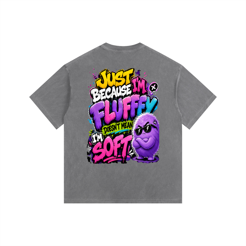 Vintage Washed Oversized Cotton T-Shirt w/ Custom Graphic Design_Just Because I'm Fluffy_Back & FGN Logo_Front