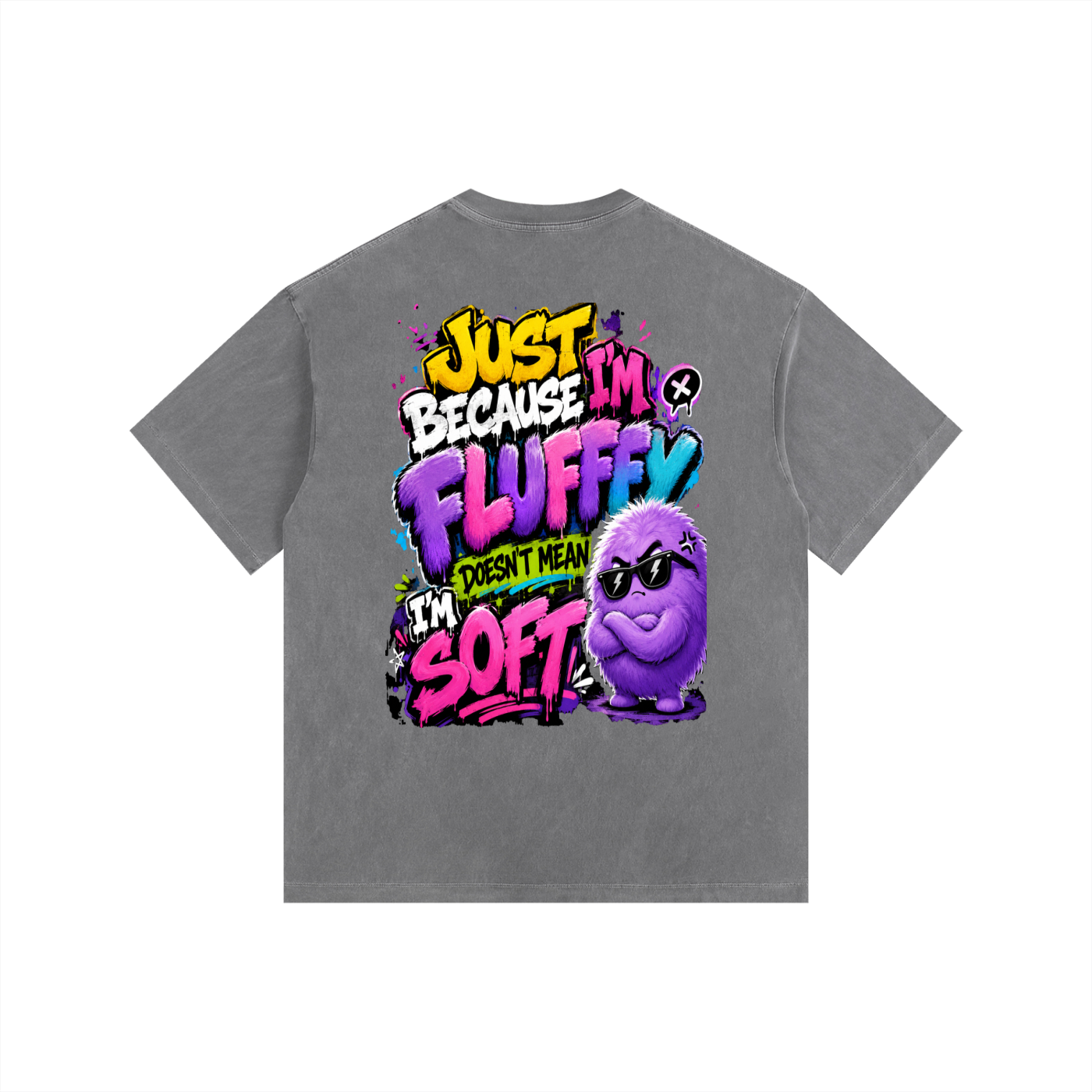Vintage Washed Oversized Cotton T-Shirt w/ Custom Graphic Design_Just Because I'm Fluffy_Back & FGN Logo_Front