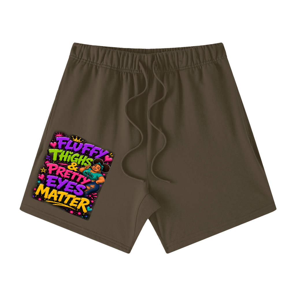 Unisex Earth Tone Loose Fit Cotton Shorts w/ Custom Graphic Design_Fluffy Thighs Matter_Front