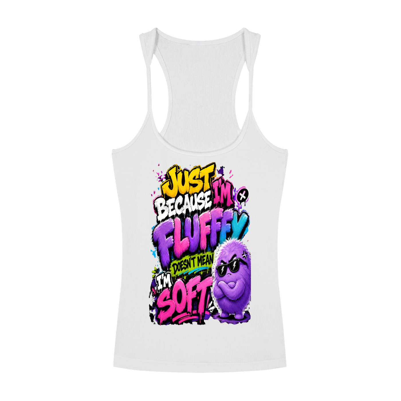Slim Fit Ribbed Racerback Tank Top w/ Custom FGN Just Because I'm Fluffy...Graphic Design Front