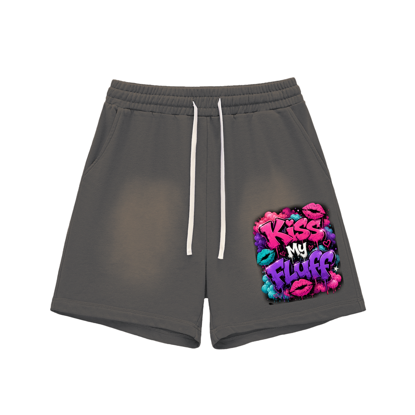 Sun Fade Raw Edge Cotton Shorts w/Custom FGN Kiss My Fluff Graphic Design Front